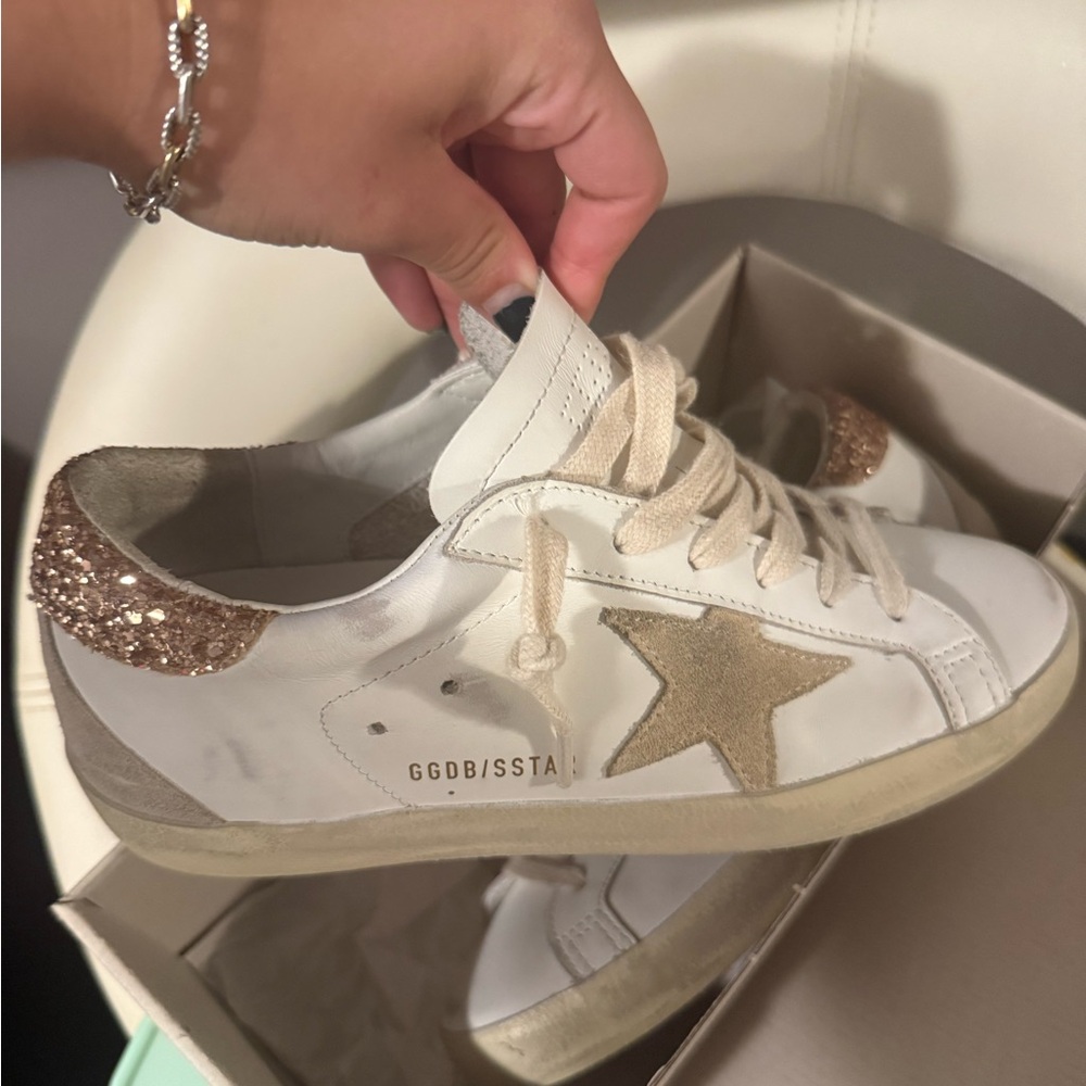 Golden Goose White and Glitter Gold Sneakers